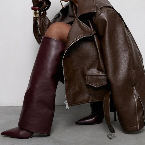 Women's Pointed Toe Tall Zipper Shark Fold Over Burgundy Pu Knee High Heel Boots - Picture 8 of 8